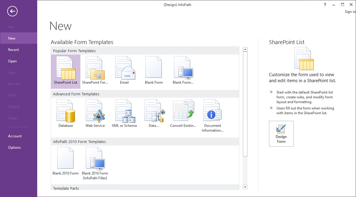 Microsoft InfoPath 2013 Start Screen (2013)